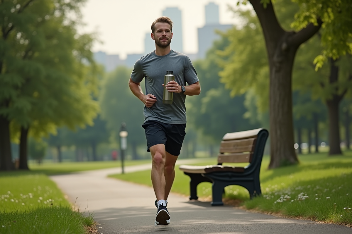 Jeune homme courant dans un parc vert en buvant de l