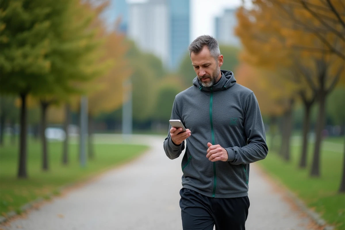 Homme d age moyen en jogging vérifiant son application fitness dans un parc