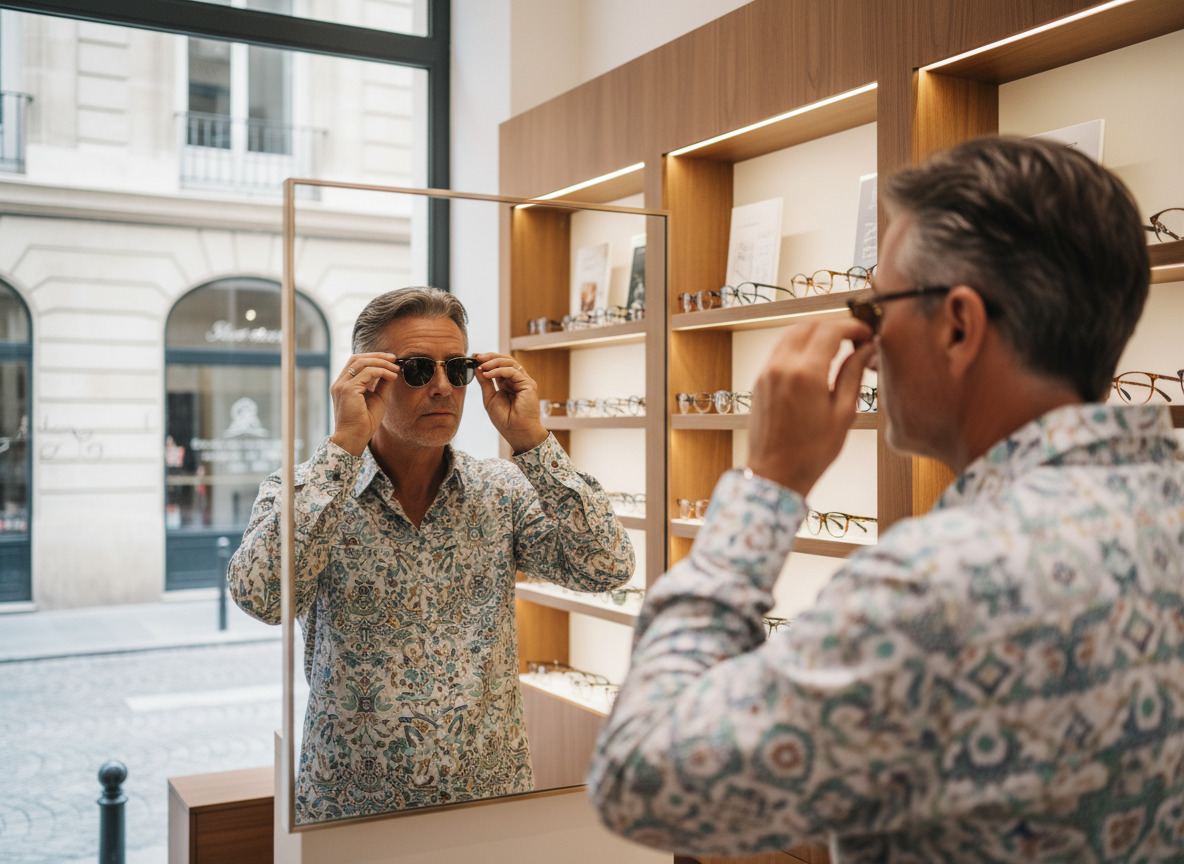 Homme essayant des lunettes dans une boutique à Cannes