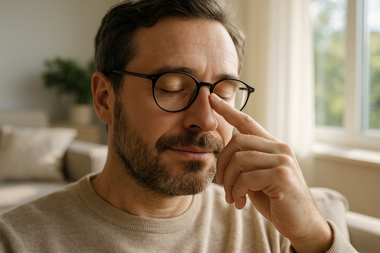 Homme ajustant ses lunettes dans un salon lumineux