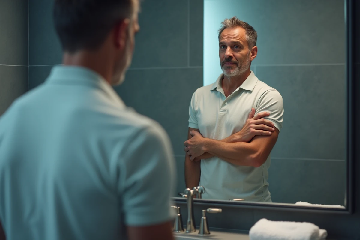 Homme en polo regarde son aisselle dans le miroir