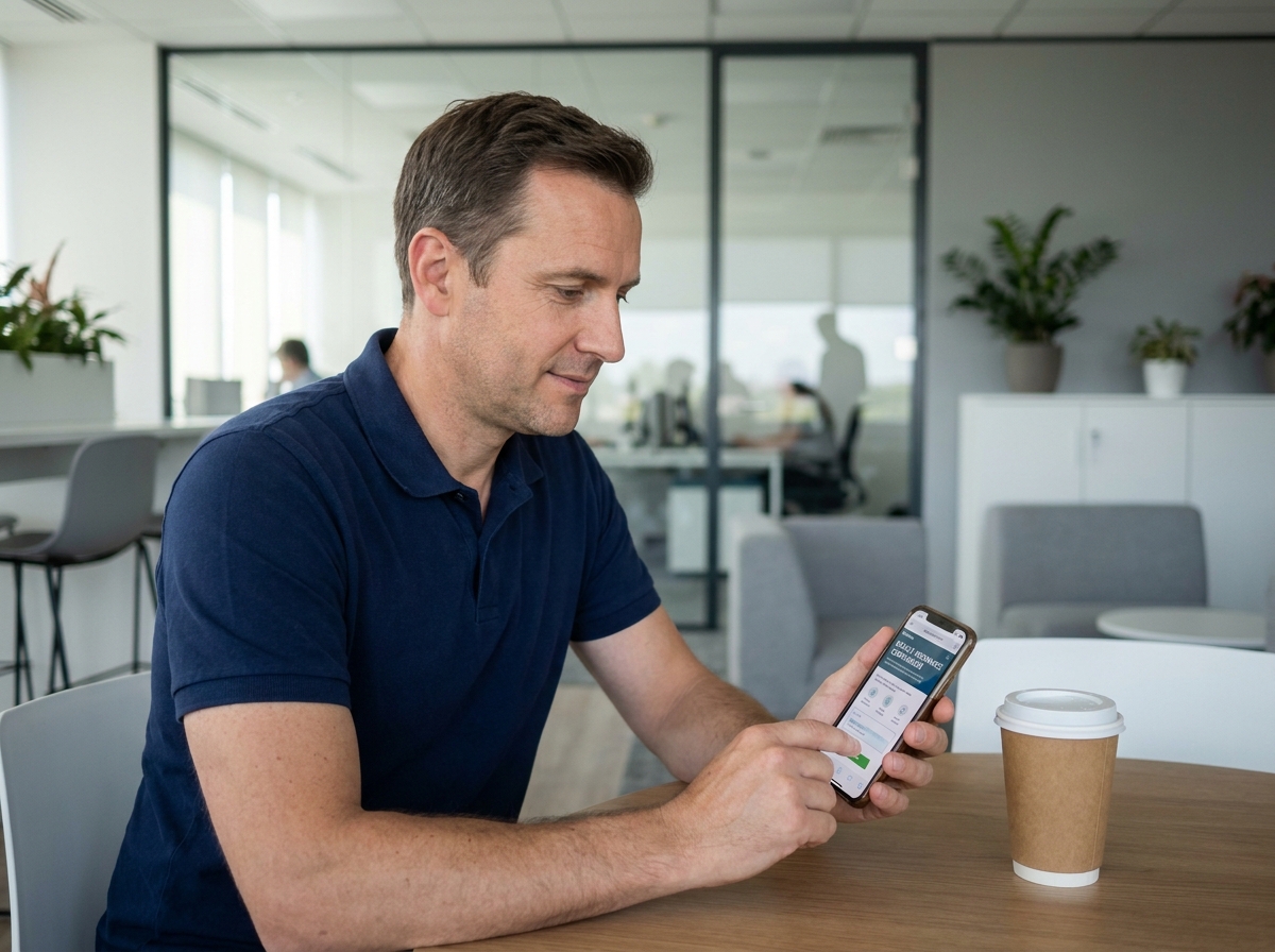 Homme consultant des offres de mutuelle santé sur smartphone pendant une pause au bureau