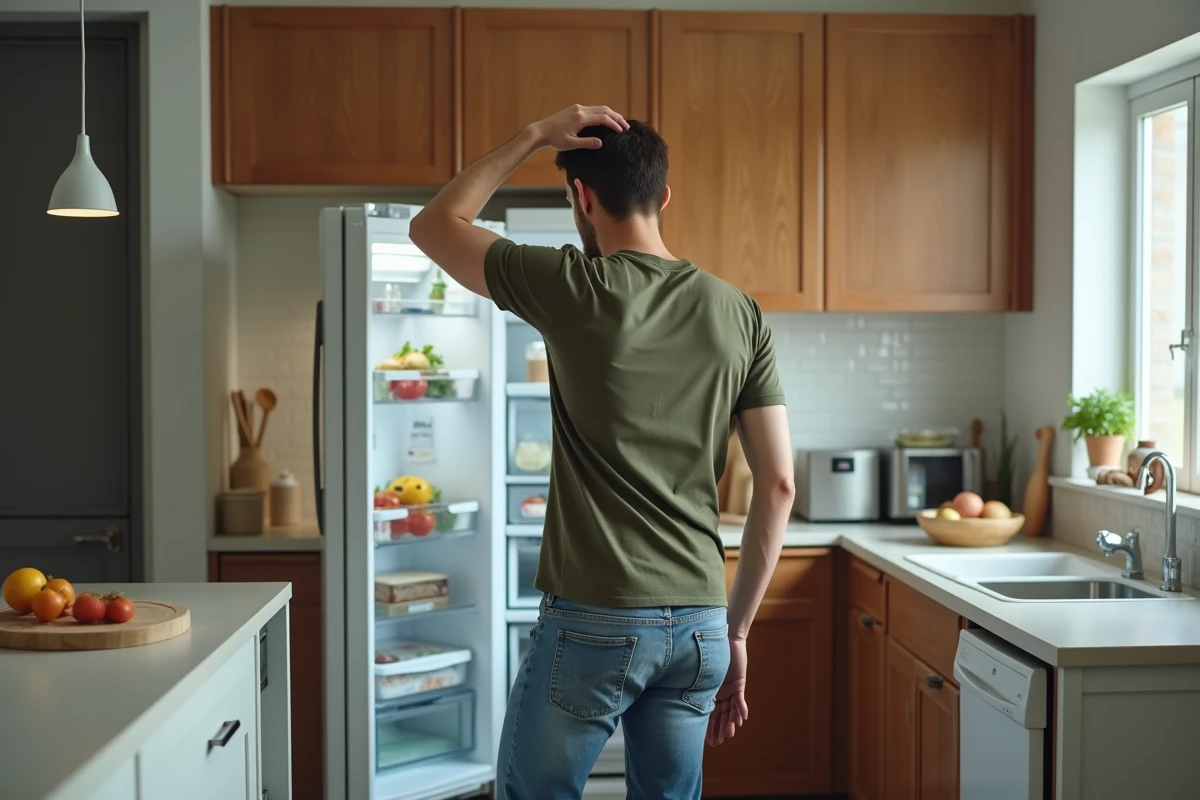 Homme debout devant le refrigerateur dans la cuisine moderne
