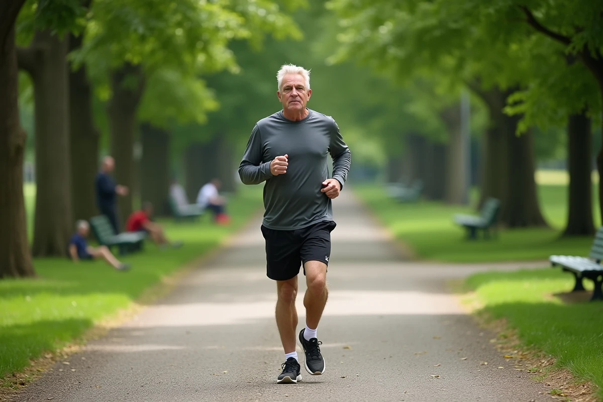 Homme marchant dans un parc urbain verdoyant