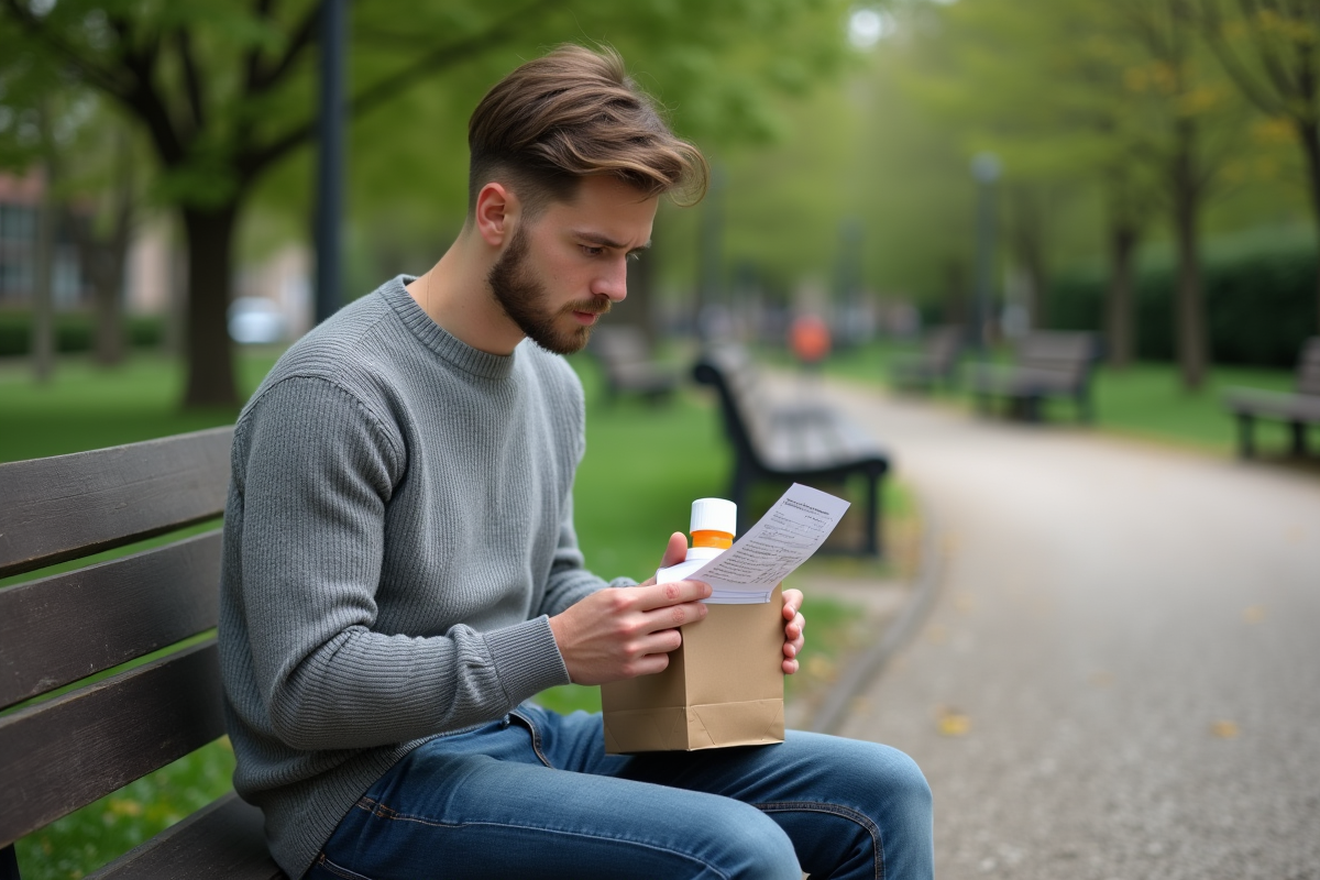 Jeune homme en parc vérifiant ses médicaments