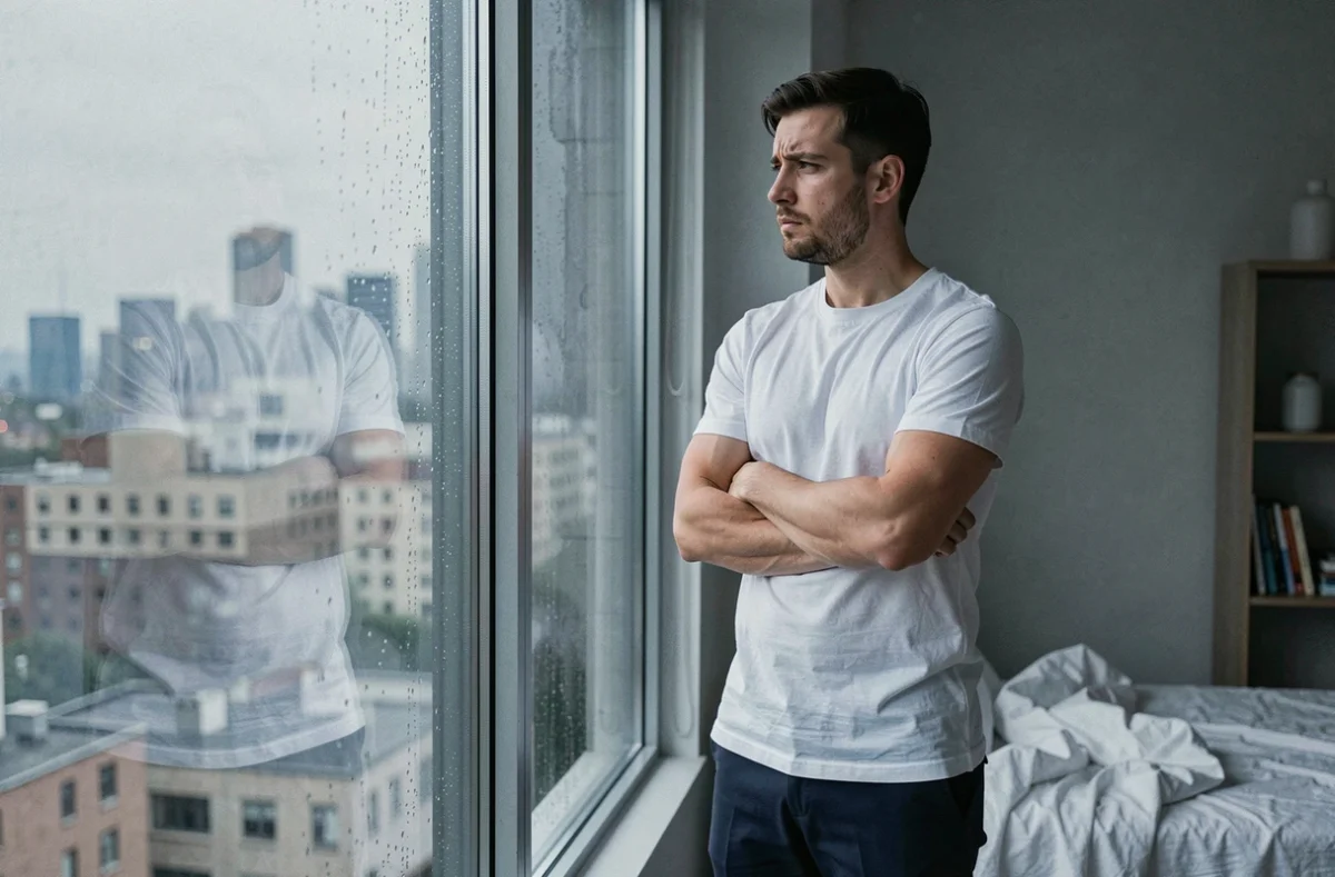 Homme pensif debout devant une fenêtre pluvieuse en ville, symbolisant la solitude et l'obsession émotionnelle après une rupture à distance