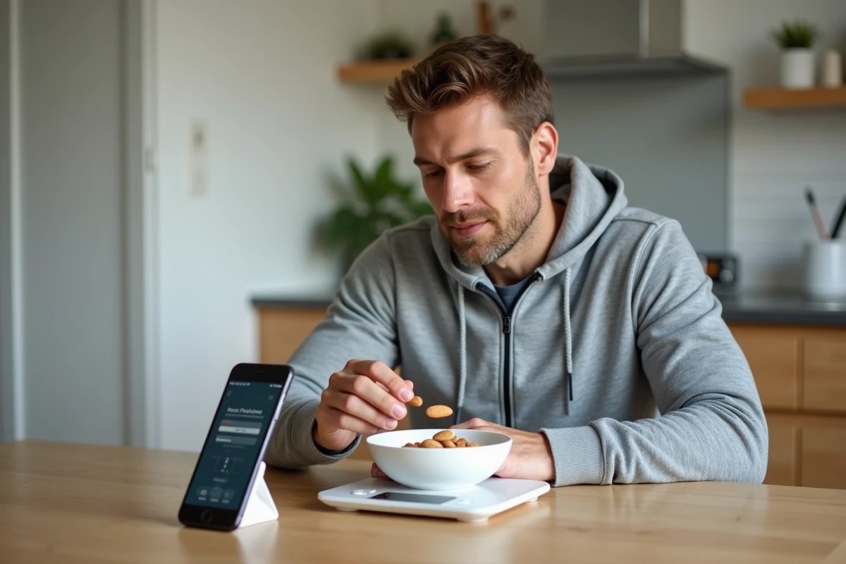 Homme pesant une portion d'amandes sur une balance numérique avec application nutrition sur smartphone, suivi calorique quotidien