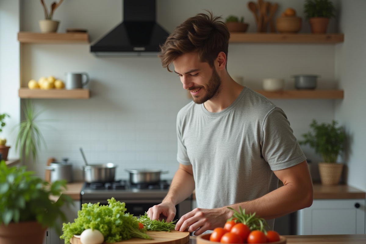 Homme préparant une salade dans une cuisine moderne