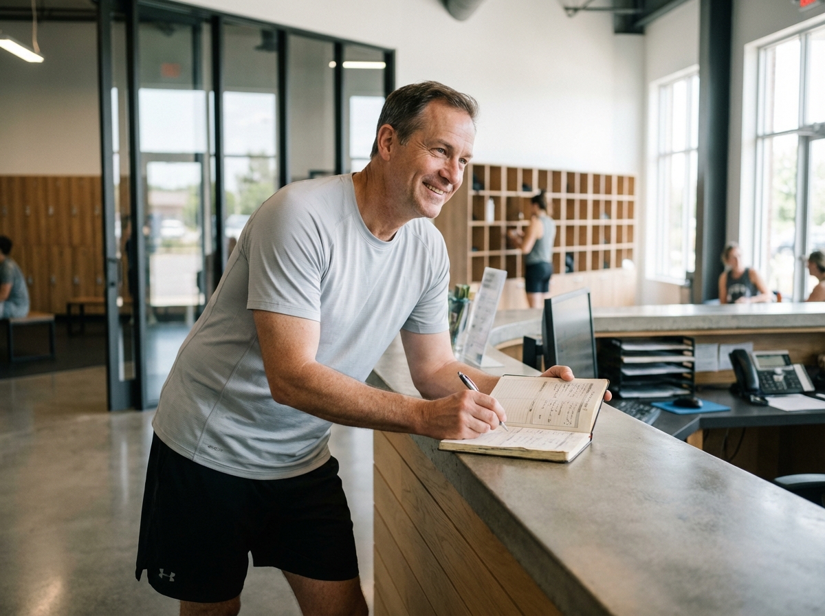 Homme moyenâgeux notant ses progrès dans un gymnase moderne