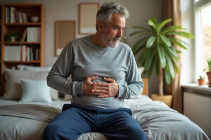 Homme pensif assis sur le lit dans une chambre lumineuse