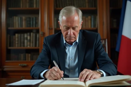 Homme d'âge avancé en costume lisant des documents officiels