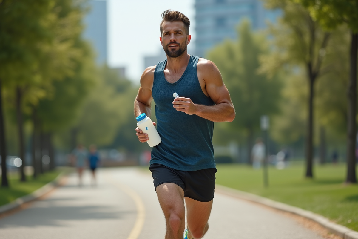 Homme en plein air prenant un supplément dans un parc urbain