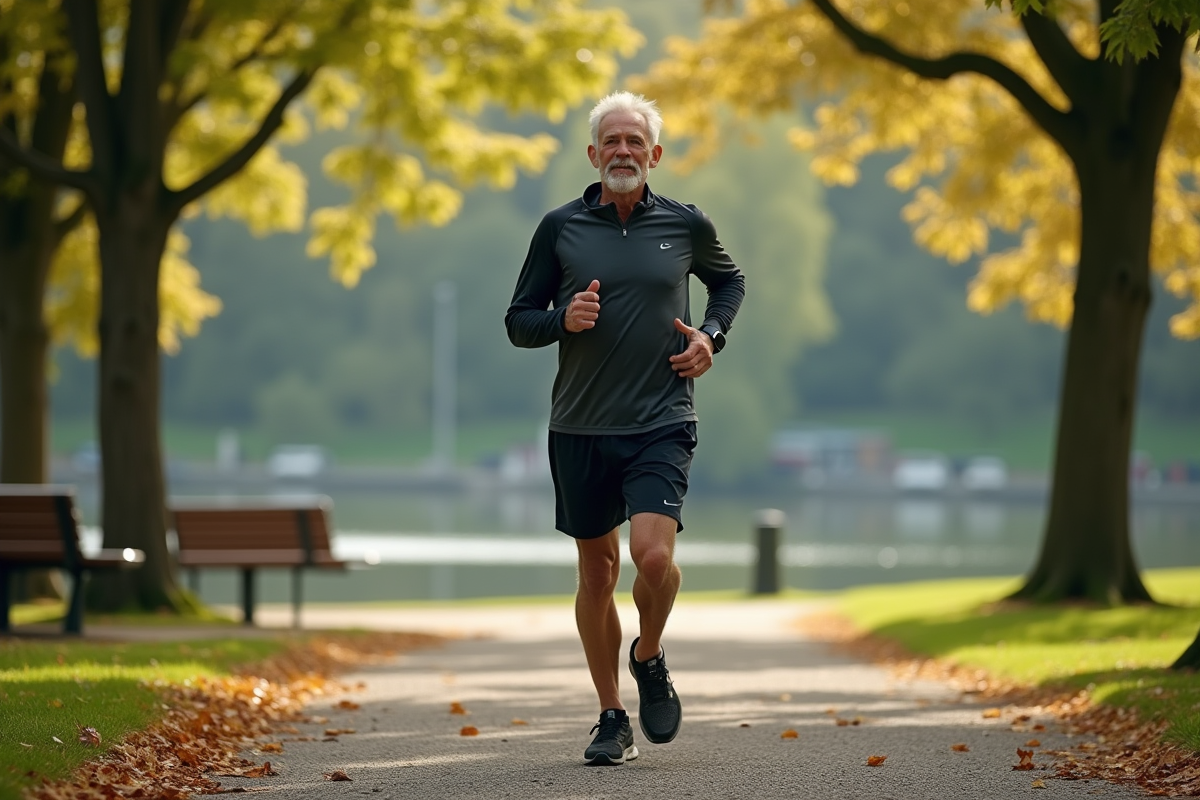 Homme senior en jogging dans un parc au matin