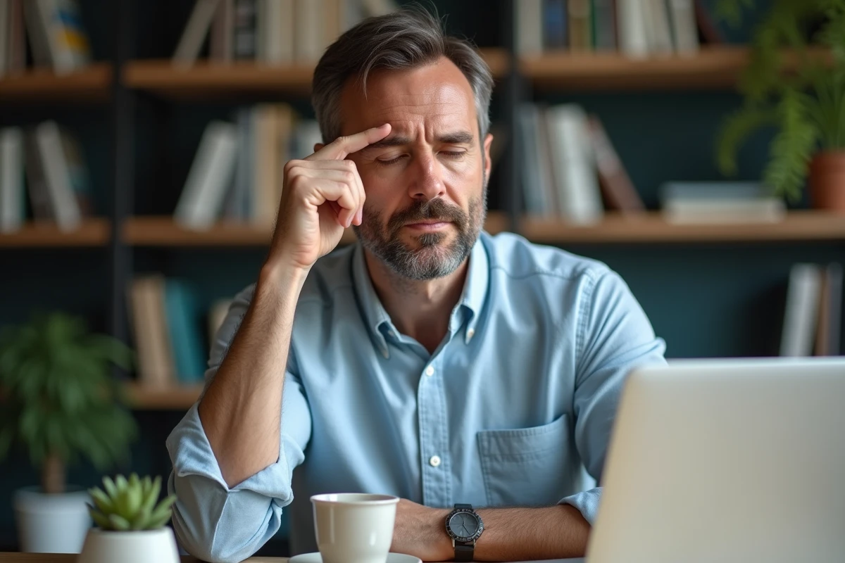 Homme au bureau se massant la paupière pour calmer un tic musculaire ou un œil qui tressaute
