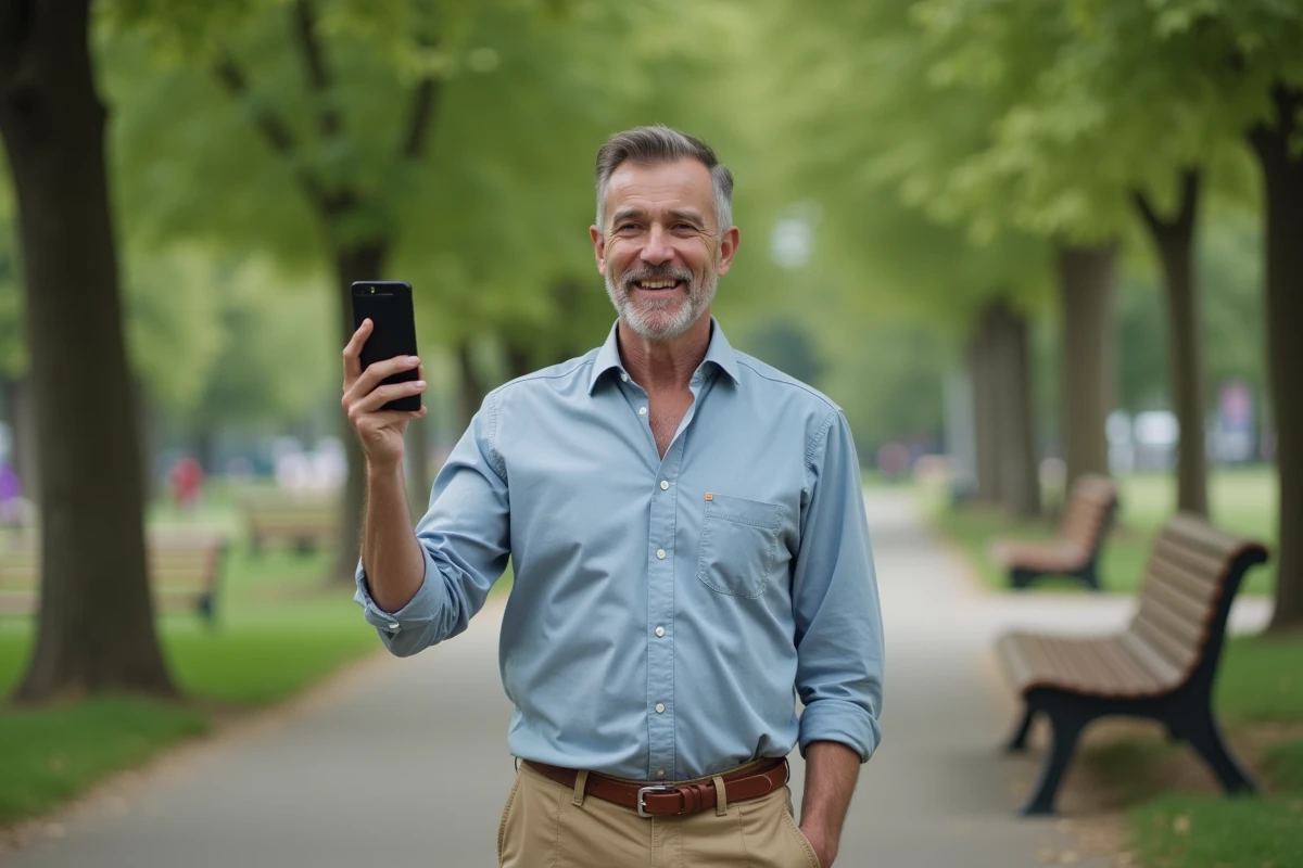Homme en plein air tenant son téléphone pour un témoignage vidéo