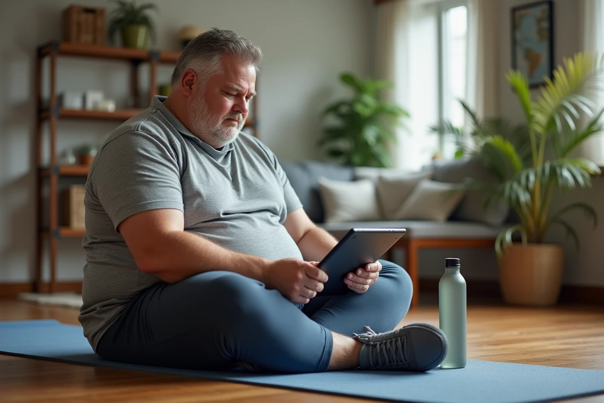 Homme en vêtements de sport suivant une vidéo de physiothérapie
