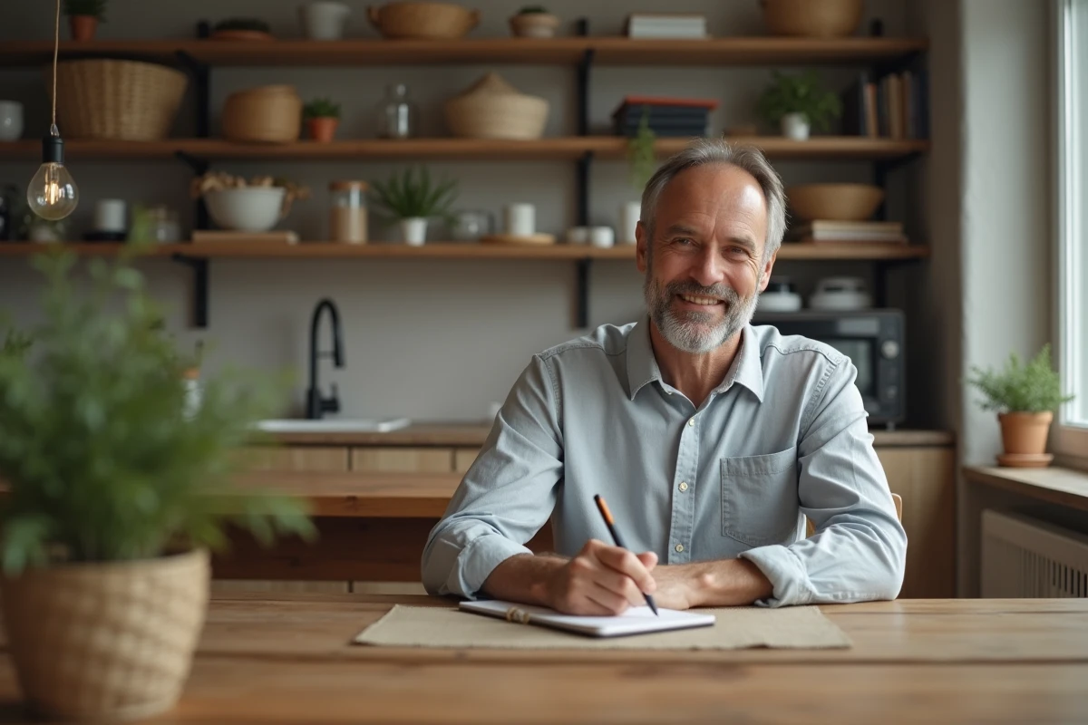 Homme souriant écrivant dans un carnet à la maison