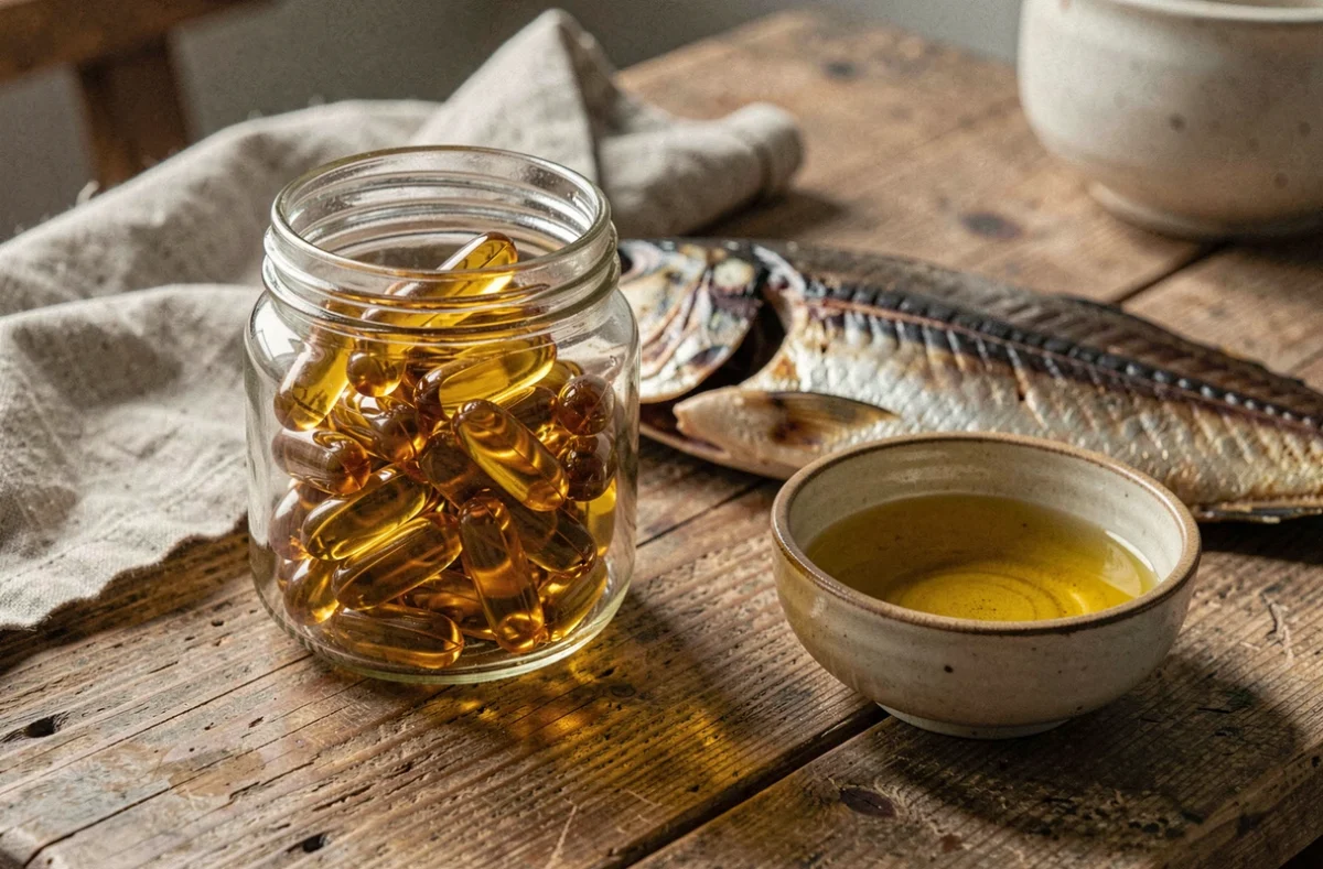 Huile de foie de morue en capsules posées sur un comptoir en bois avec un filet de morue séché, illustration des bienfaits nutritionnels
