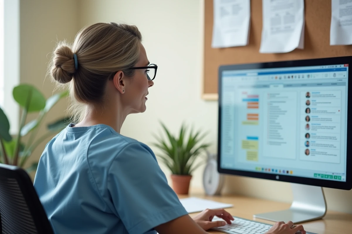 Infirmière consultant un plan de soins personnalisé sur un écran d'ordinateur dans un bureau de maison de retraite