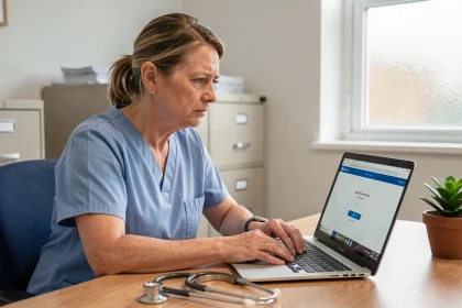 Infirmière frustrée devant un écran d'ordinateur affichant une erreur de connexion sur le logiciel Netsoins dans un bureau médical