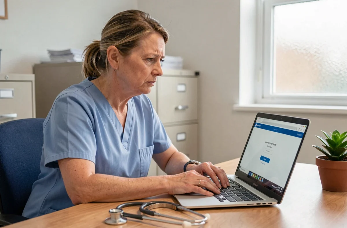 Infirmière frustrée devant un écran d'ordinateur affichant une erreur de connexion sur le logiciel Netsoins dans un bureau médical