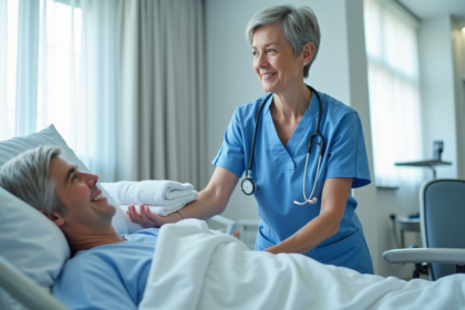 Infirmière en uniforme bleu arrangeant des serviettes dans une chambre d'hôpital