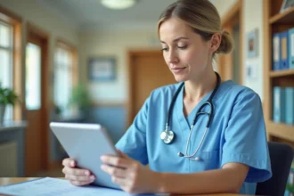 Infirmière en blouse bleue met à jour un dossier numérique