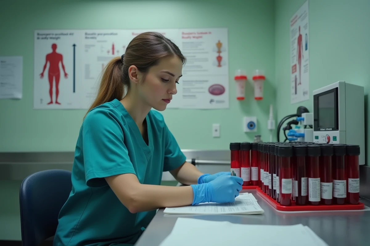 Infirmière étiquetant des tubes d'échantillons de sang dans une salle de prélèvement hospitalière