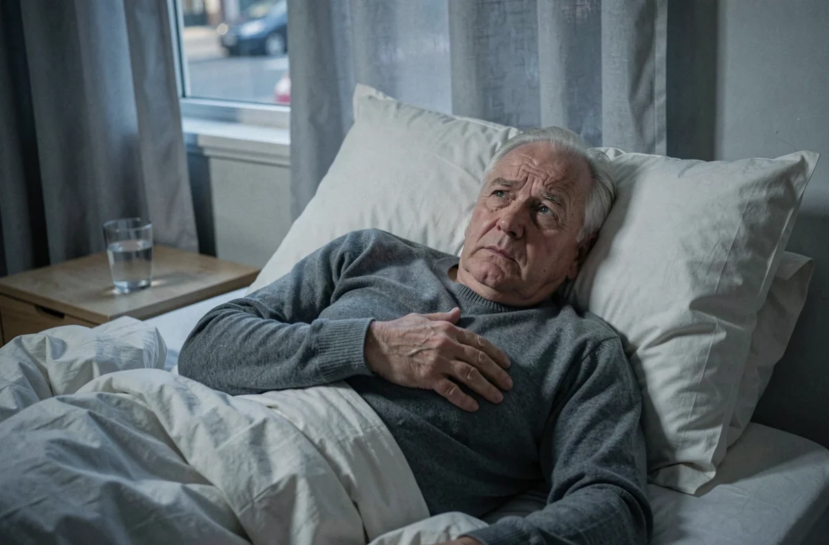 Homme âgé allongé dans son lit les yeux ouverts la nuit, illustrant les troubles du sommeil et l'anxiété associés à la leucopathie vasculaire de grade 2