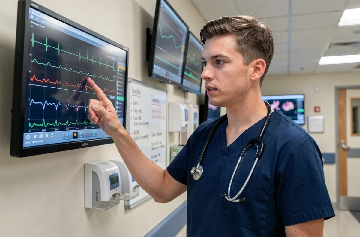 Interne en médecine analysant un écran de monitoring ECG dans une unité de télémétrie cardiaque hospitalière