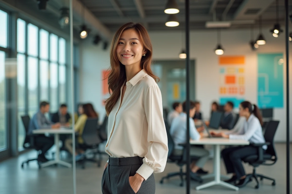 Jeune entrepreneure confiante dans un espace de coworking moderne