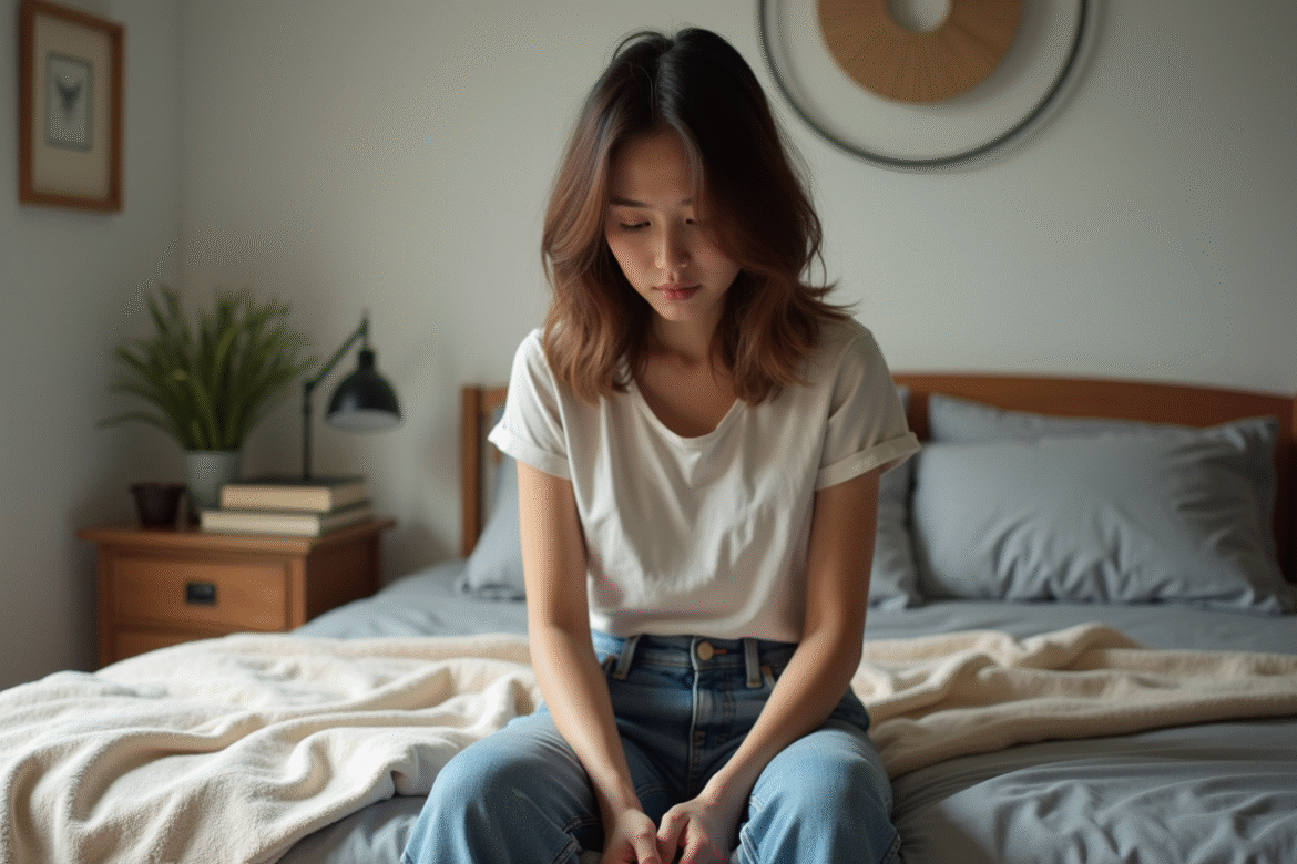 Jeune femme pensant dans une chambre cosy et ordonnee