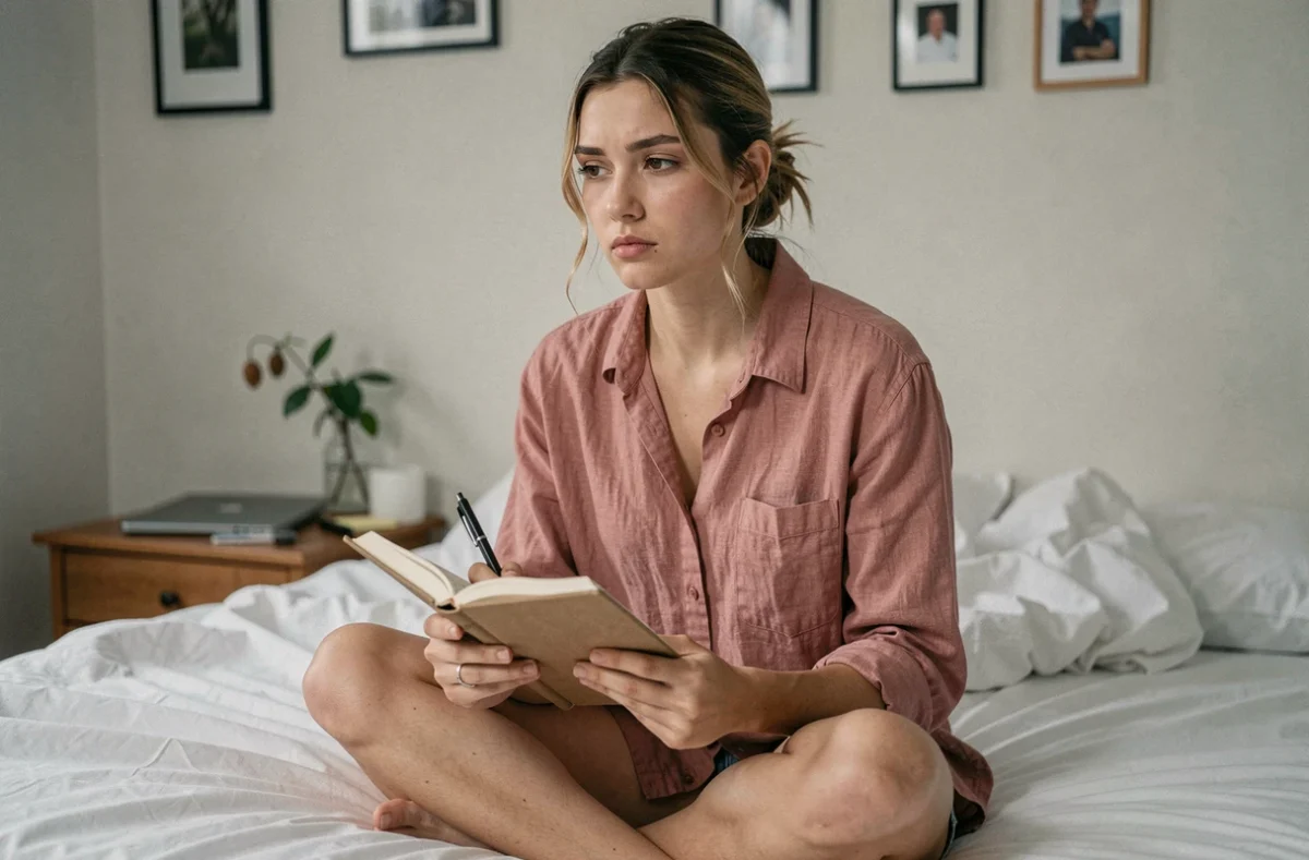 Jeune femme assise sur un lit avec un journal ouvert, le regard perdu, illustrant le besoin de surmonter une obsession amoureuse à distance