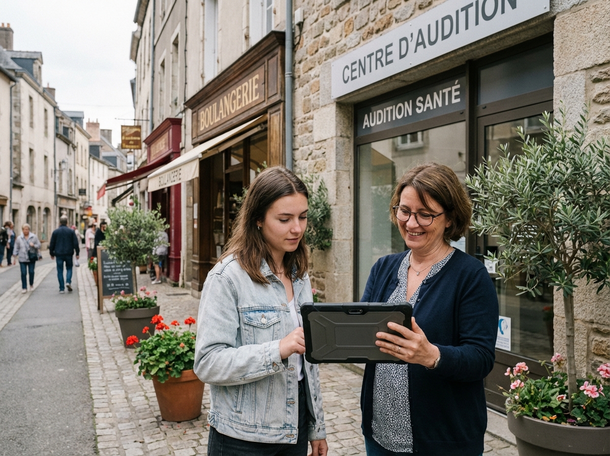 Jeune femme avec spécialiste test auditif en extérieur