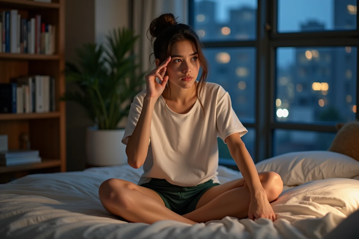 Jeune femme éveillée dans une chambre urbaine la nuit
