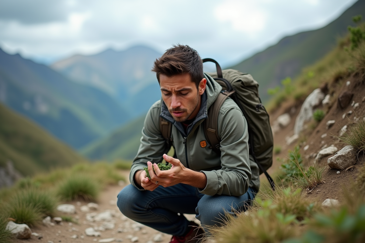Jeune homme examinant des feuilles de coca en montagne
