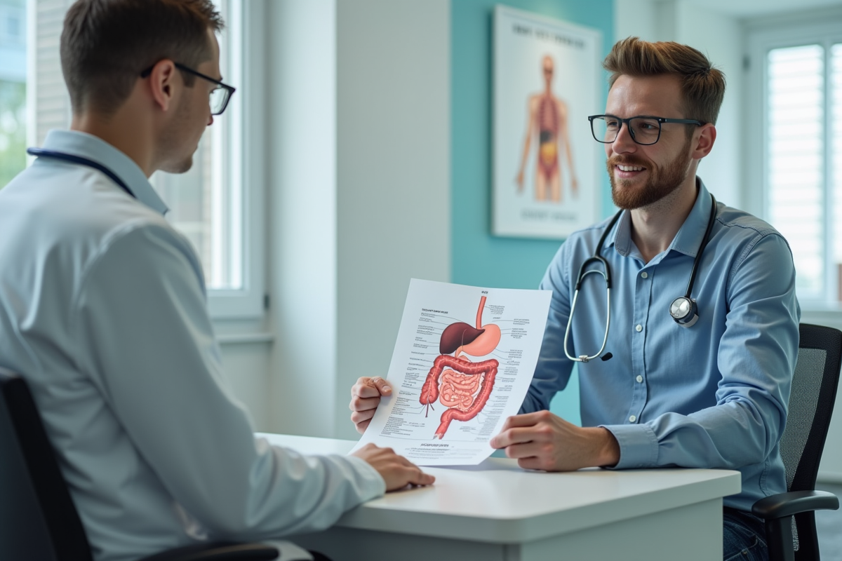 Jeune homme discutant du diagramme du systeme digestif avec un medecin