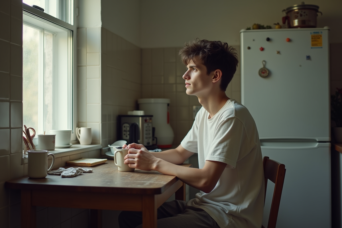 Jeune homme seul à la table de cuisine regardant par la fenêtre