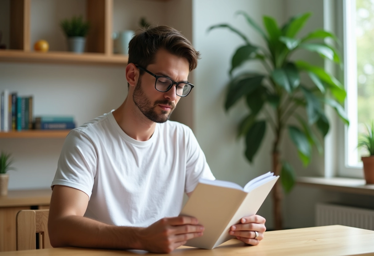 Jeune homme lit un livret éducatif sur les postbiotiques à la maison