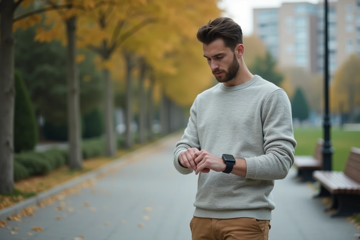 Jeune homme regardant sa montre dans un parc urbain