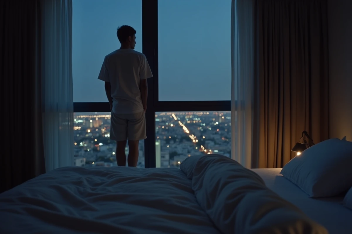 Jeune homme regardant par la fenêtre la nuit tranquille