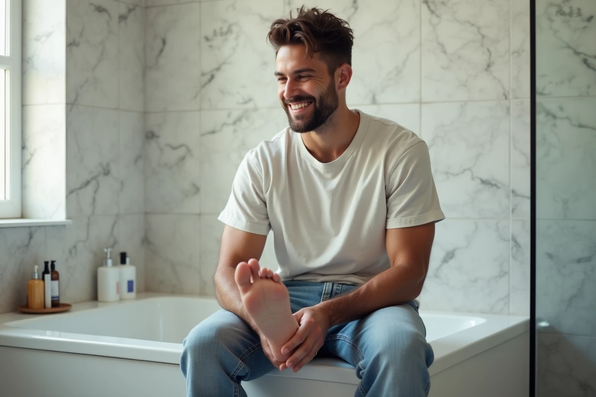 Jeune homme examinant ses pieds dans une salle de bain moderne