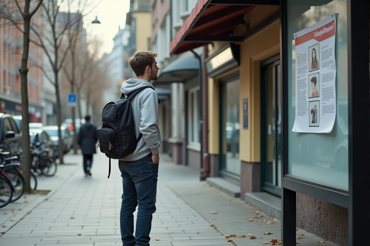 Jeune homme regardant une affiche dans la rue