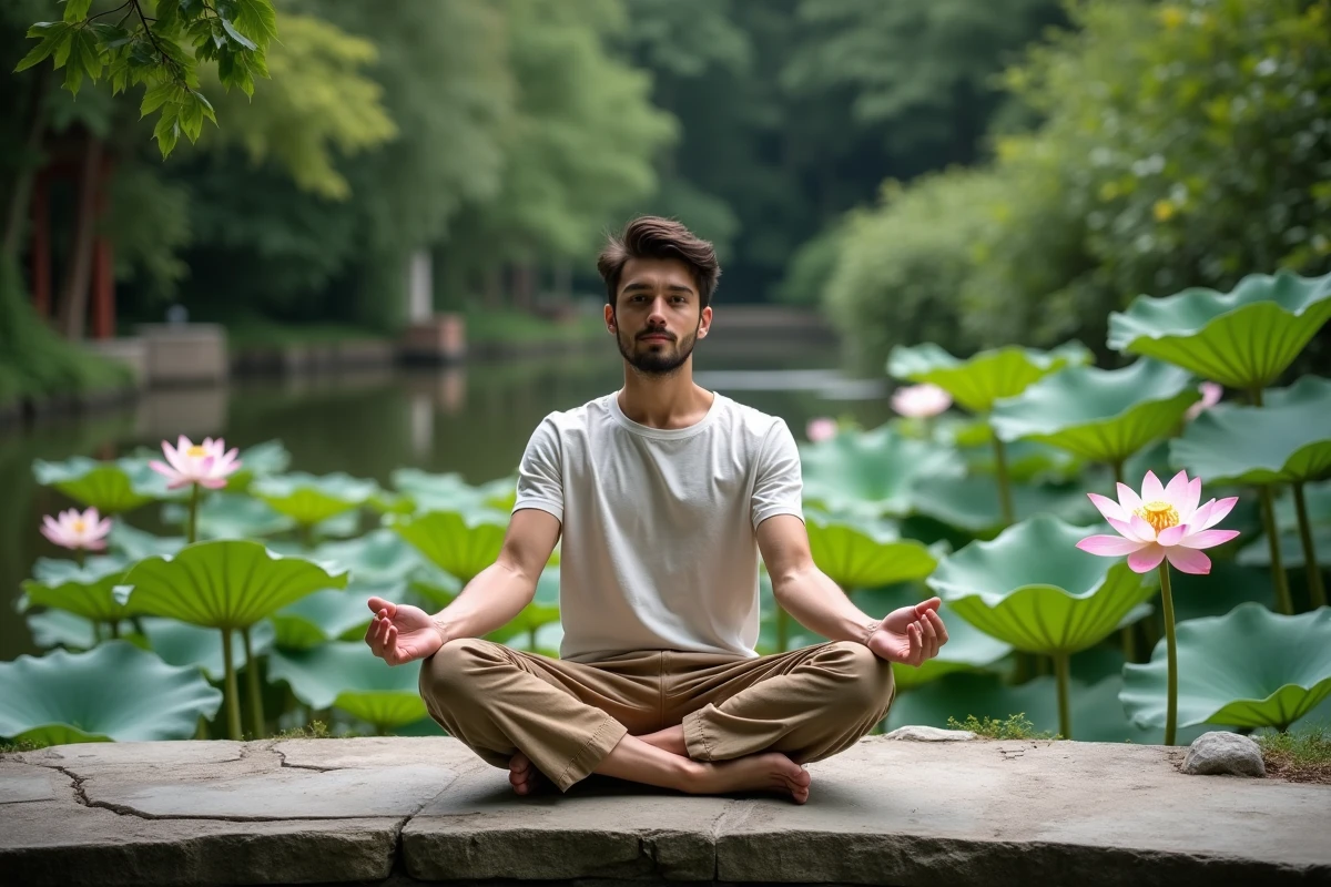 Jeune homme en lotus près d’un étang dans un jardin