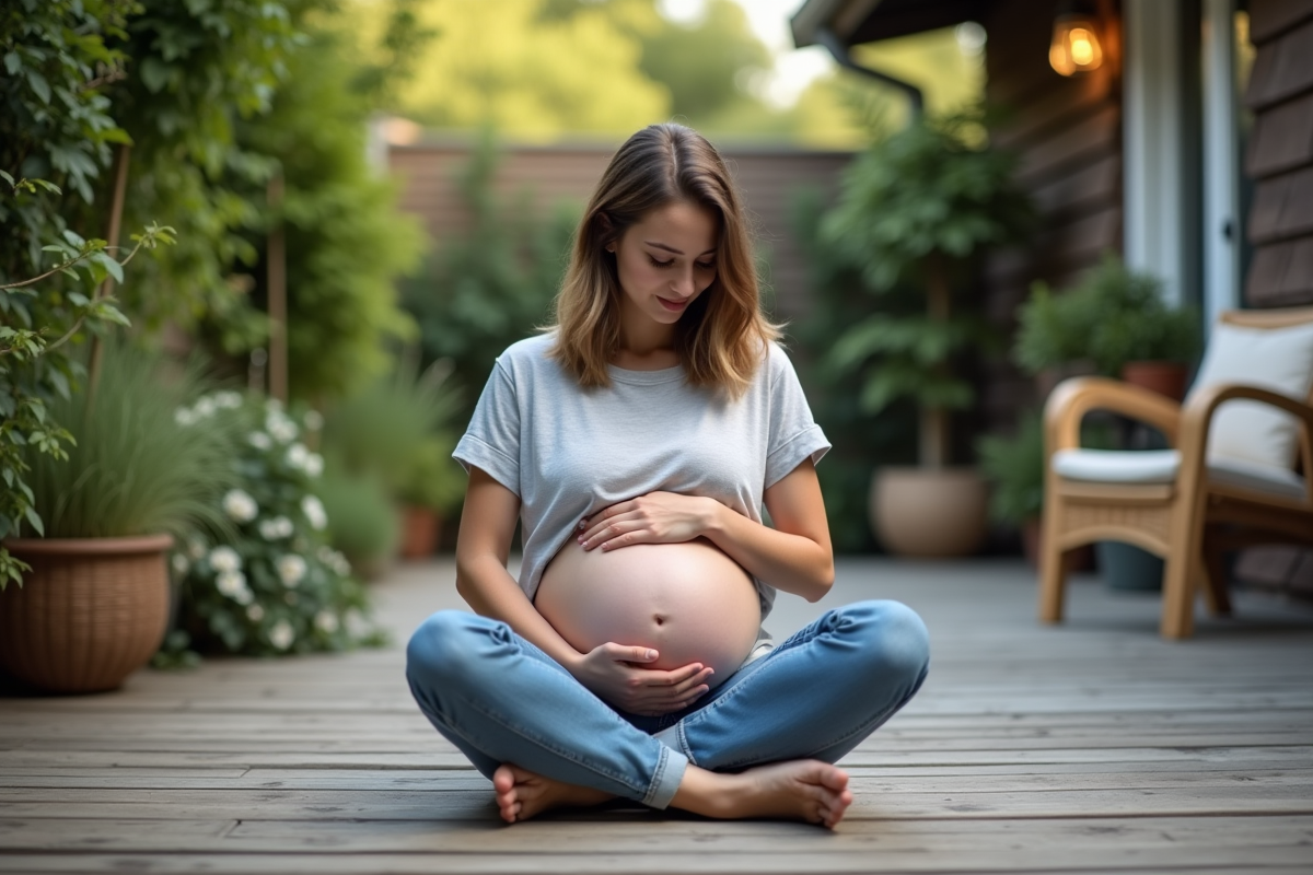 Jeune mère assise dans un jardin paisible