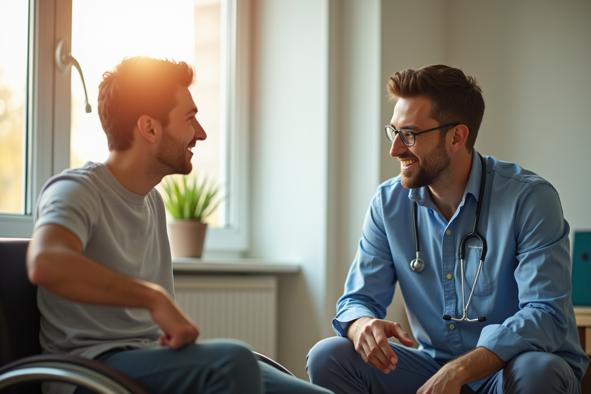 Kinésithérapeute souriant avec un jeune patient dans une clinique