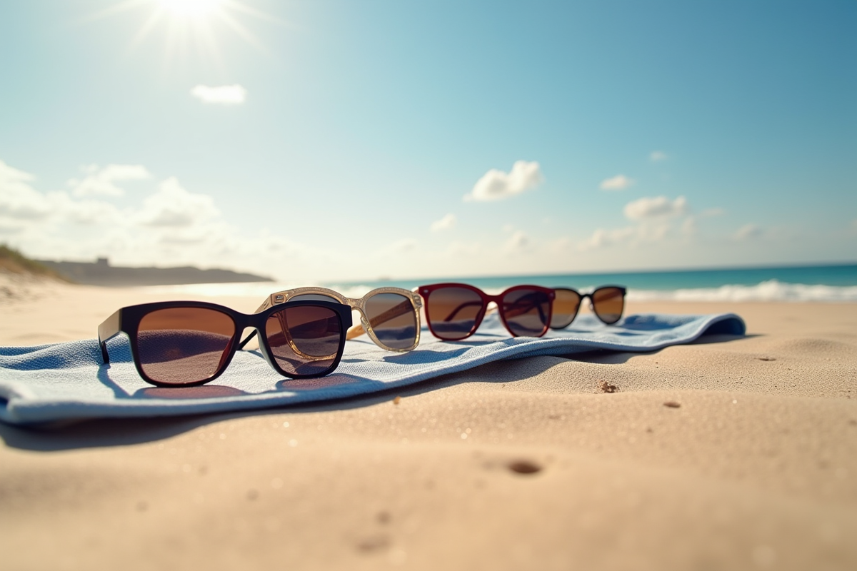 Plusieurs paires de lunettes sur une serviette de plage au soleil