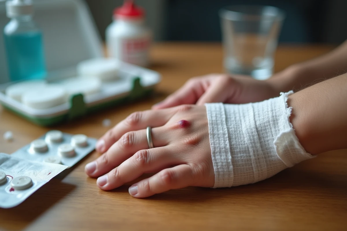 Main bandée avec une blessure de morsure de poisson à côté d'une trousse de premiers secours