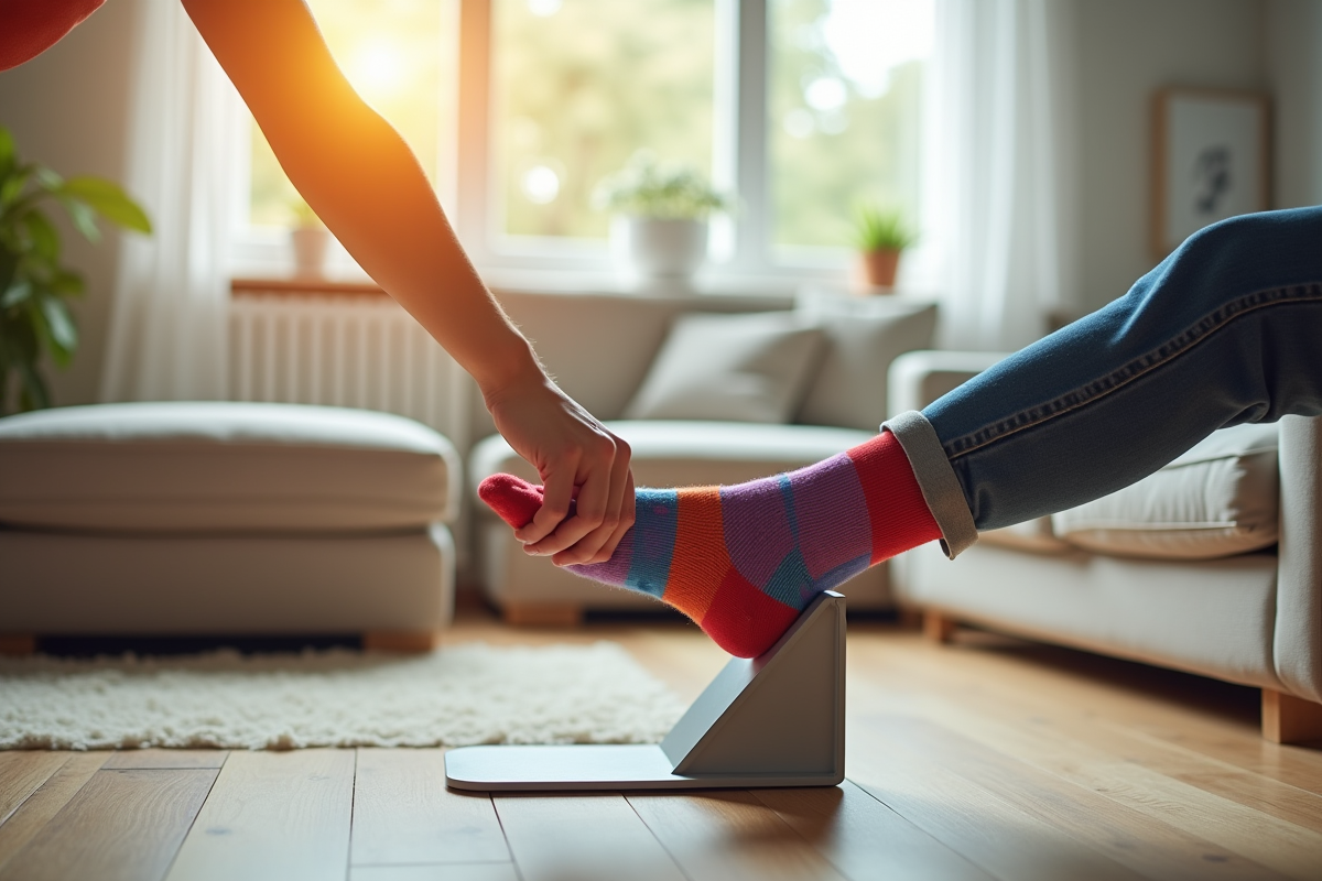 Main enfilant une chaussette colorée sur un pied sur un repose-jambes