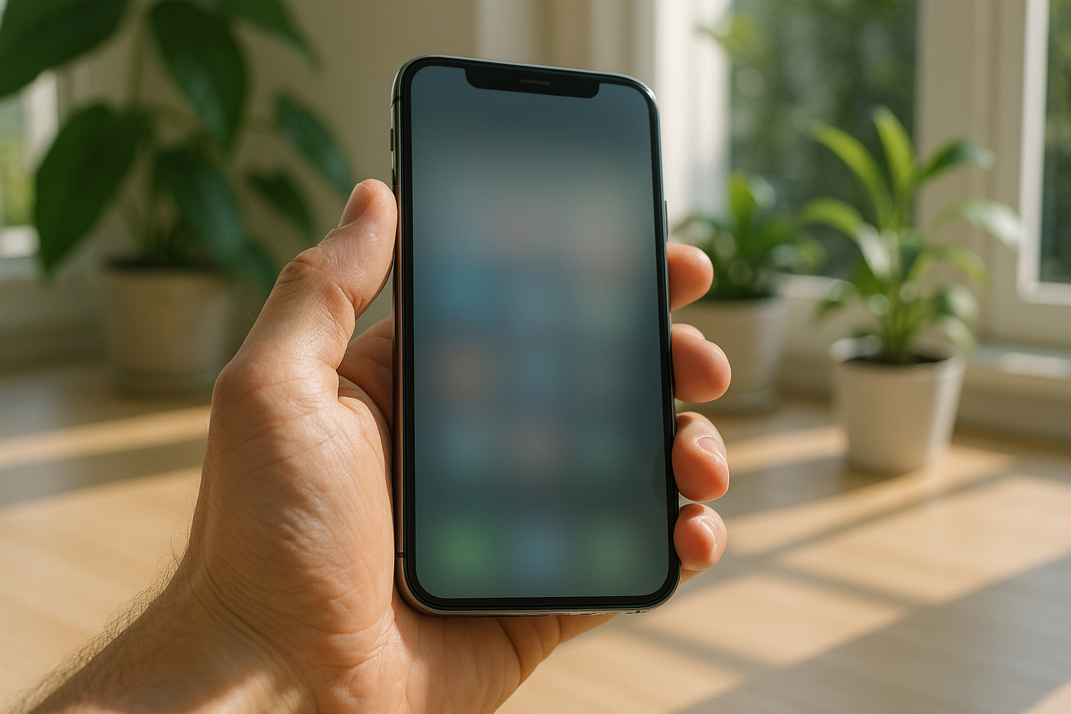 Main tenant un smartphone avec plantes vertes en arrière-plan